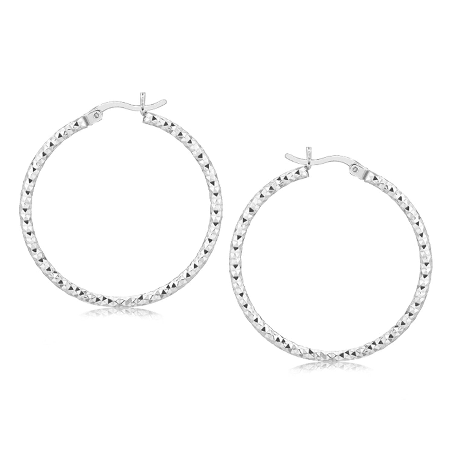 Sterling Silver Rhodium Plated Woven Style Polished Hoop Earrings(2x30mm) in a sleek high-contrast midnight luxury editorial